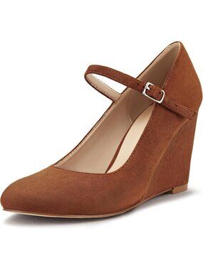 Women's Brown Suede Wedge Pumps With Ankle Strap Closed Toe Dressy Heels Shoes